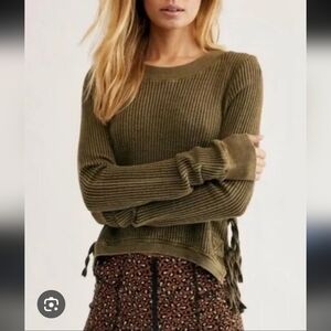 Free People FP One Olive Green Waffle Knit Thermal Fringe Side Tie Top XS